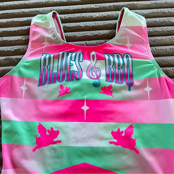 GK Swimsuit /Leotard Blues & BBQ Pink and Green Adult Size L - Picture 3 of 7